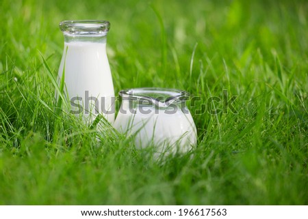 Two bottles of fresh milk over summer background
