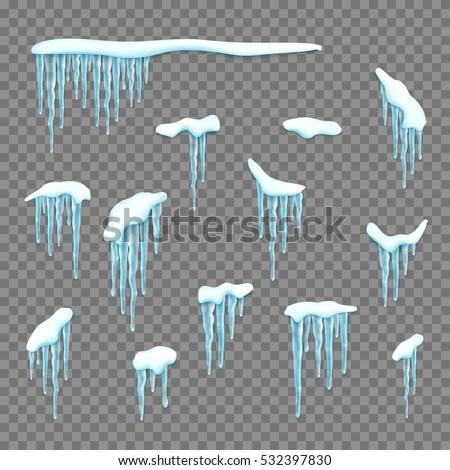 Set of realistic borders with snow and icicles. Elements for christmas design over transparent background, vector illustration