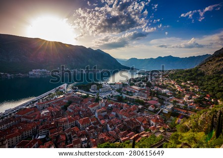 Southern Europe\'??s deepest fjord, Kotor bay, Montenegro. City Kotor in Kotor Bay, Montenegro. Seen from path to fortress above cit / Bay of Kotor