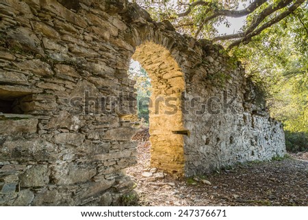 Arched doorway to the ruins of an ancient convent in the woods near Corsoli in central Corsica