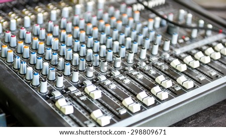 Concert or DJ Music Mixer desk. Sound control panel with knobs and sliders and equalizers