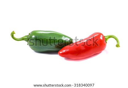 Red and green ripe jalapeno chili hot pepper from caribbean or mexico isolated on white background