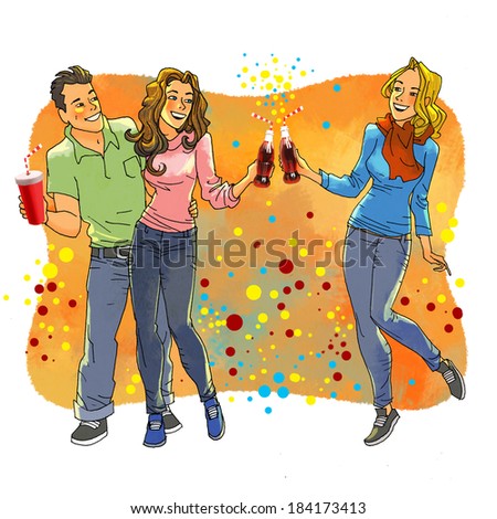 Three friends meeting on the party, drinking beverages and laughing