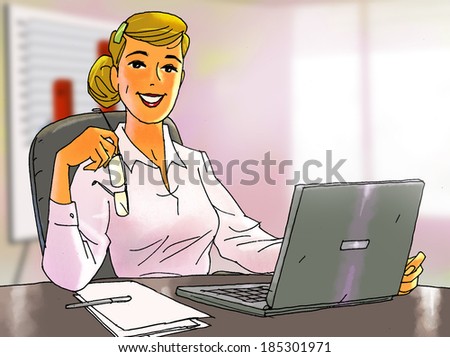 Smiling successful business lady at the desk with laptop