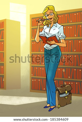 beautiful blonde woman reading a book standing next to the rack in the library