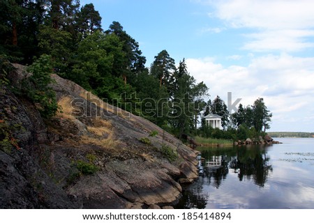 Landscape of lake with island and pavilion