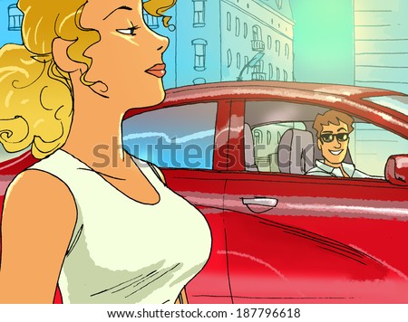 the guy in the red car is picking up a gorgeous blonde