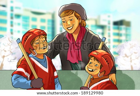 happy mother talking with her sons playing hockey at the stadium