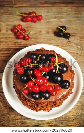chocolate cake mini with red and black currants on a dark wood background. toning. selective focus on the top red currant on the cake