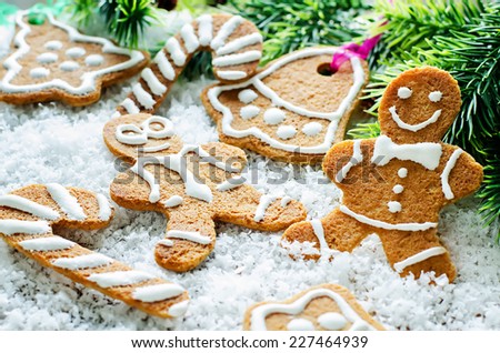 ginger biscuits and a branches of a Christmas tree on a snowy background. tinting. selective focus