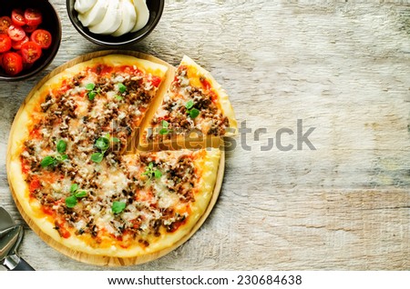 pizza with meat, mozzarella and oregano on a light woody background. tinting. selective focus
