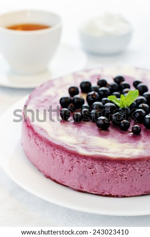 black currant cheesecake on a white plate. tinting. selective focus
