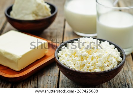 dairy products. cottage cheese, butter, milk, cheese on a dark wood background. the toning. selective focus