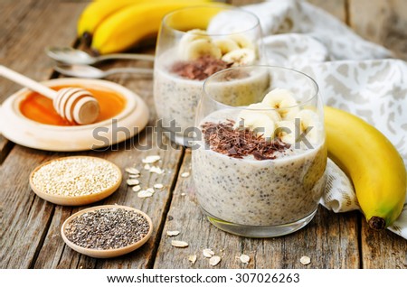 overnight banana oats quinoa Chia seed pudding decorated with banana and chocolate. the toning. selective focus