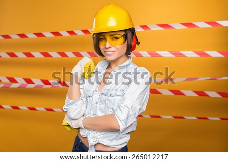 Young Woman with Toolbelt Gloves Level Safety Glasses