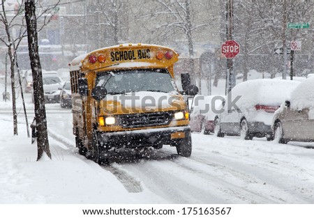 Bronx, New York - January 21: School Bus During A 6 To 10 Inch Snow Storm With Teen Temperatures Along Ogden Avenue And 162nd Street. Taken January 21, 2014 In The Bronx, New York.