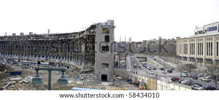 BRONX, NEW YORK - APRIL 10: Panoramic showing both old Yankee Stadium as it is torn down and the new stadium.  Taken April 10, 2010 in the Bronx, New York.