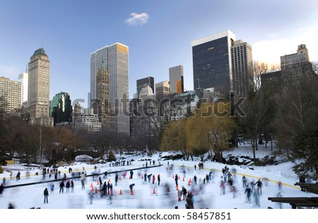 View of Central Park in front of Wollman rink with Manhattan buildings in rear view.  Taken winter, 2010.