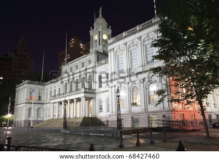 New York City Hall is located at the center of City Hall Park in the Civic Center section of Lower Manhattan.