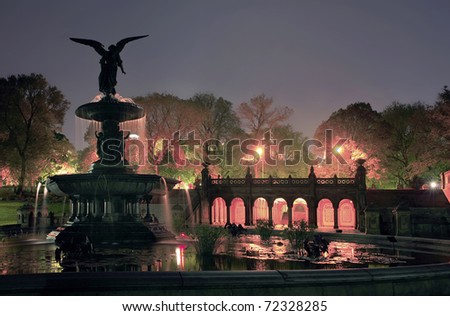 Central Park in front of Bethesda Terrace fountain.  Taken at night in New York City in May of 2008, USA