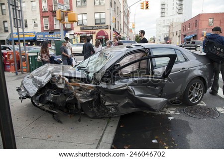 QUEENS, NEW YORK - JULY 2: Car wreck on Vernon Boulevard   Taken July 2, 2014 in Queens, NY.