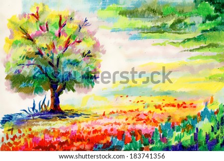 Hand drawn flowers and tree
