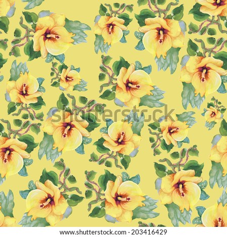 Beautiful seamless pattern with yellow hibiscus flowers on yellow background vector