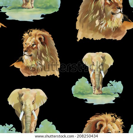 Watercolor lion and elephant seamless pattern on a black background