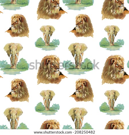 Watercolor lion and elephant seamless pattern on a white background