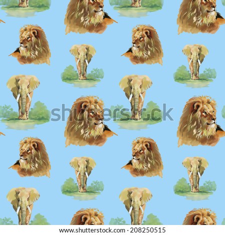 Watercolor lion and elephant seamless pattern on a blue background