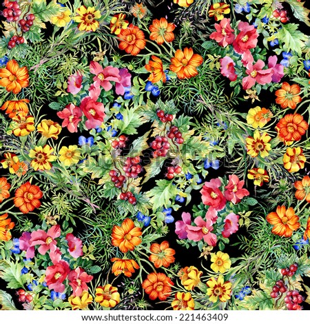Wild flowers seamless pattern on black background vector illustration Wild flowers seamless pattern on black background vector illustration