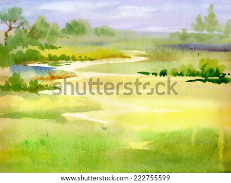 Watercolor river nature landscape vector illustration