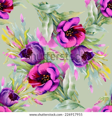 Colorful watercolor purple flowers seamless pattern on green background vector illustration