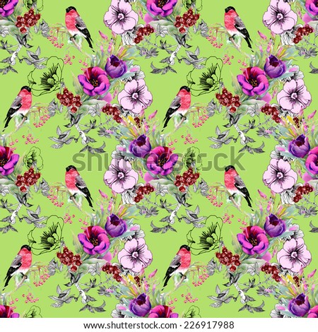 Wild exotic birds on flowers twig seamless pattern on green background vector illustration