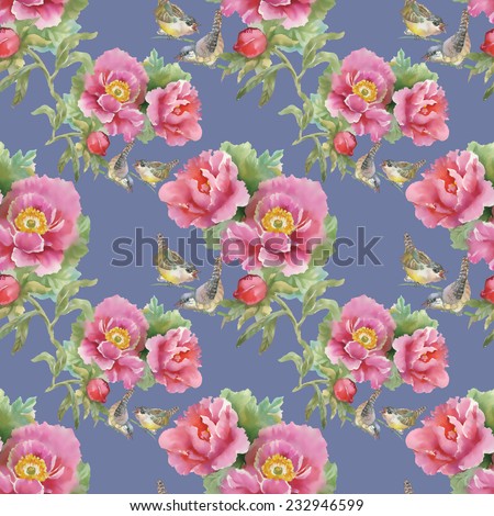 Beautiful bright birds and pink flowers pattern on violet background