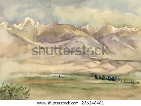 Watercolor river and mountains nature landscape vector illustration