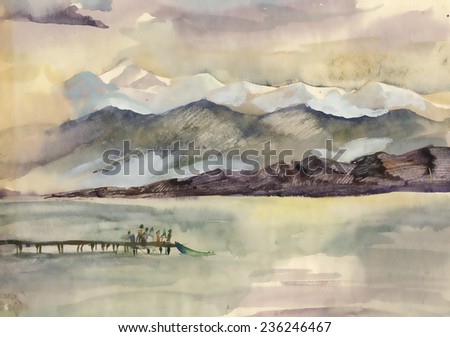 Watercolor river and mountains nature landscape vector illustration