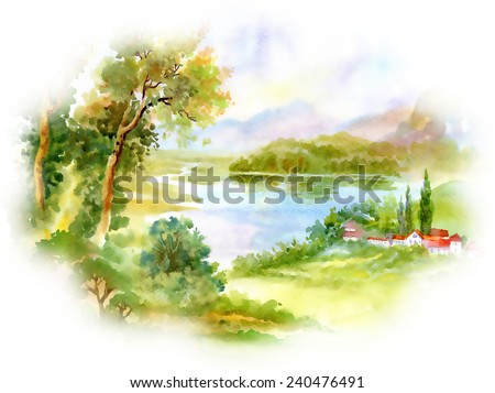 Watercolor river nature landscape on white background vector illustration