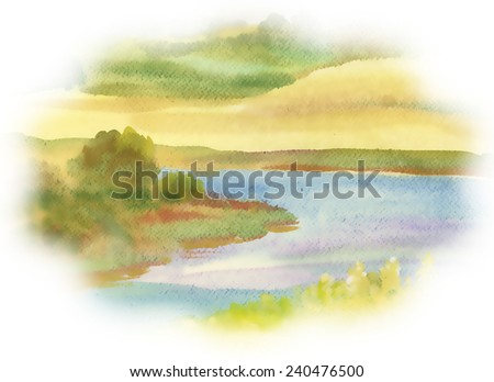 Landscape with river on white background, watercolor vector illustration