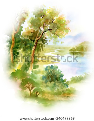 Watercolor river nature landscape on white background vector illustration