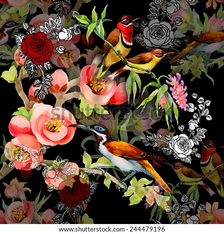 Seamless pattern with wild exotic birds on the branch with flowers on black background vector illustration