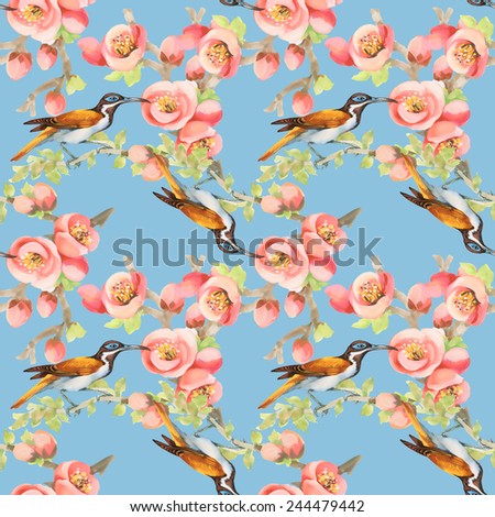 Seamless pattern with wild exotic birds on the branch with flowers on blue background vector illustration
