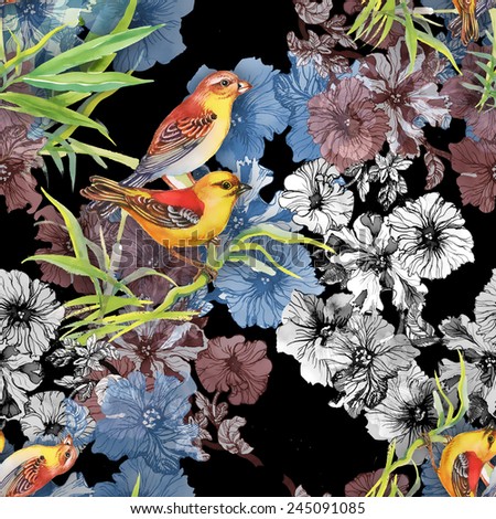 Seamless pattern with wild exotic birds on the branch with flowers on black background vector illustration