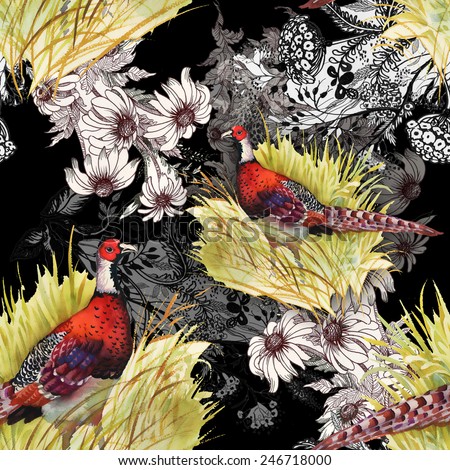 Pheasant animals birds in floral seamless pattern on black background vector illustration