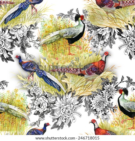 Pheasant animals birds in floral seamless pattern on white background vector illustration