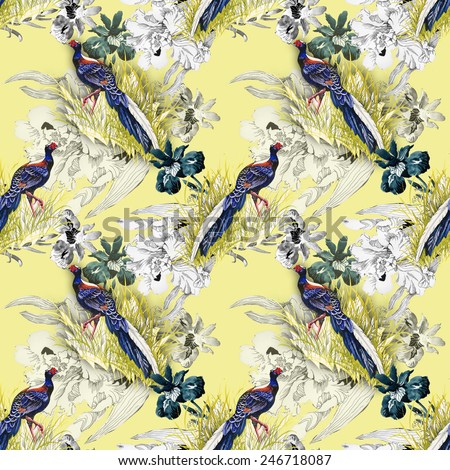 Pheasant animals birds in floral seamless pattern on yellow background vector illustration
