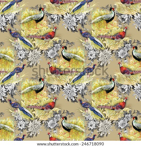 Pheasant animals birds in floral seamless pattern on beige background vector illustration