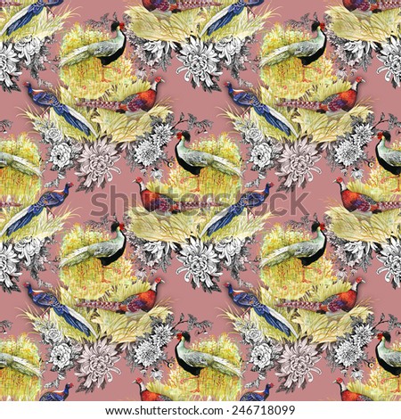 Pheasant animals birds in floral seamless pattern on pink background vector illustration