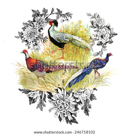 Pheasant animals birds in floral on white background vector illustration