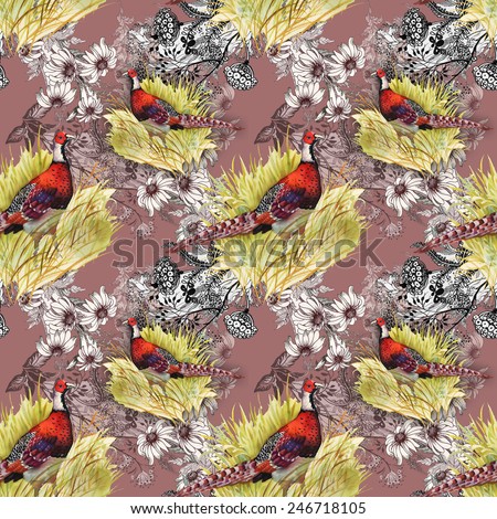 Pheasant animals birds in floral seamless pattern on brown background vector illustration